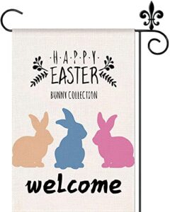 easter garden flag, double sided vertical burlap mini flag for garden yard house, happy easter outdoor bunny rabbit welcome small flag, farmhouse outside holiday decorative decoration, 12×18 inch