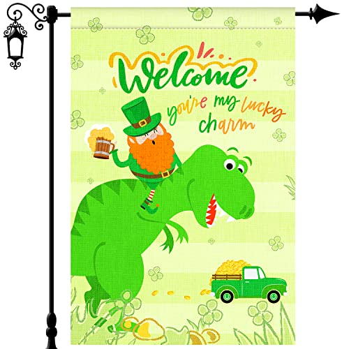 St Patricks Day Garden Flag, 12x18'' Double Sided Welcome Spring Garden Flag with 300D Oxford Cloth Yard Flag,Opawel Green Dinosaur Irish St Patricks Day Flag, Shamrocks St Patricks Decor Accessories