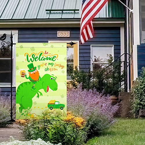 St Patricks Day Garden Flag, 12x18'' Double Sided Welcome Spring Garden Flag with 300D Oxford Cloth Yard Flag,Opawel Green Dinosaur Irish St Patricks Day Flag, Shamrocks St Patricks Decor Accessories