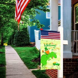 St Patricks Day Garden Flag, 12x18'' Double Sided Welcome Spring Garden Flag with 300D Oxford Cloth Yard Flag,Opawel Green Dinosaur Irish St Patricks Day Flag, Shamrocks St Patricks Decor Accessories