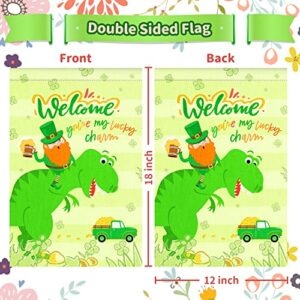 St Patricks Day Garden Flag, 12x18'' Double Sided Welcome Spring Garden Flag with 300D Oxford Cloth Yard Flag,Opawel Green Dinosaur Irish St Patricks Day Flag, Shamrocks St Patricks Decor Accessories