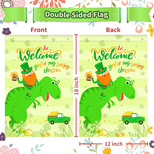 St Patricks Day Garden Flag, 12x18'' Double Sided Welcome Spring Garden Flag with 300D Oxford Cloth Yard Flag,Opawel Green Dinosaur Irish St Patricks Day Flag, Shamrocks St Patricks Decor Accessories