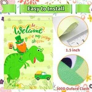 St Patricks Day Garden Flag, 12x18'' Double Sided Welcome Spring Garden Flag with 300D Oxford Cloth Yard Flag,Opawel Green Dinosaur Irish St Patricks Day Flag, Shamrocks St Patricks Decor Accessories