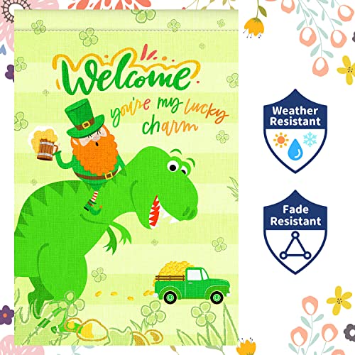 St Patricks Day Garden Flag, 12x18'' Double Sided Welcome Spring Garden Flag with 300D Oxford Cloth Yard Flag,Opawel Green Dinosaur Irish St Patricks Day Flag, Shamrocks St Patricks Decor Accessories