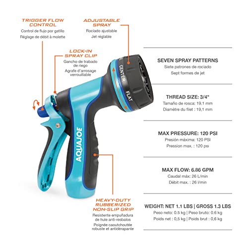 Aqua Joe AJHN104 Indestructible Series Heavy-Duty Metal Trigger Nozzle, Multi-Function, 7-Spray Patterns