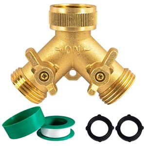 hourleey brass garden hose splitter (2 way), solid brass hose y splitter 2 valves with 2 extra rubber washers (brass)