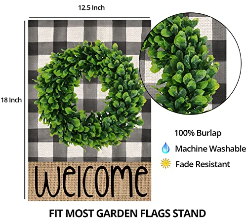 Welcome Spring Garden Flag for Outside,Buffalo Plaid Boxwood Wreath Small Yard Flag, Summer Seasonal Decors for Outdoor Farmhouse Holiday 12x18 Double Sided