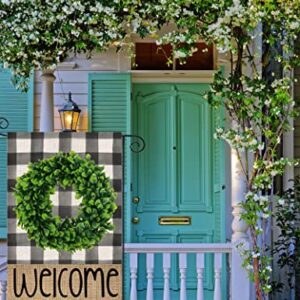 Welcome Spring Garden Flag for Outside,Buffalo Plaid Boxwood Wreath Small Yard Flag, Summer Seasonal Decors for Outdoor Farmhouse Holiday 12x18 Double Sided