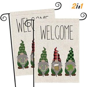 funnism 2 pcs st patrick day gnome decoration vertical garden flags,double sided welcome holiday gnome horseshoe beer shamrock garden burlap banner,garden,porch,patio,yard outdoor decoration(12.5×18″)