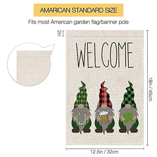 FUNNISM 2 PCS St Patrick Day Gnome Decoration Vertical Garden Flags,Double Sided Welcome Holiday Gnome Horseshoe Beer Shamrock Garden Burlap Banner,Garden,Porch,Patio,Yard Outdoor Decoration(12.5x18")