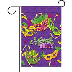 mardi gras garden flag mardi gras welcome banner for indoor outdoor decoration mardi gras beads mask door banner holiday masquerade party supply classic design purple fleur de lis, 17.7 x 11.8 inch