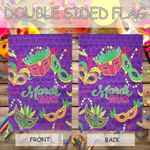 Mardi Gras Garden Flag Mardi Gras Welcome Banner for Indoor Outdoor Decoration Mardi Gras Beads Mask Door Banner Holiday Masquerade Party Supply Classic Design Purple Fleur De Lis, 17.7 x 11.8 Inch