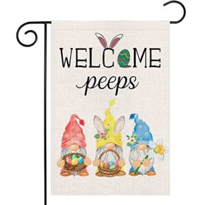 easter garden flags 12×18 double sided – spring gnome welcome yard flag burlap bunny easter outdoor decorations welcome peeps