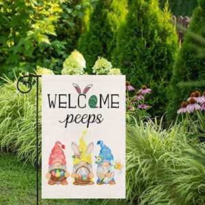 Easter Garden Flags 12x18 Double Sided - Spring Gnome Welcome Yard Flag Burlap Bunny Easter Outdoor Decorations Welcome Peeps