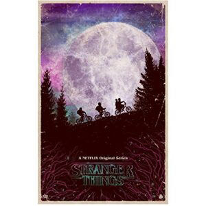 stranger things 80’s style kids biking up hill 11 x 17 inch lithograph poster