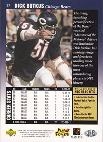 1997 UD Legends Football #17 Dick Butkus Chicago Bears Official Upper Deck NFL Alumni Trading Card