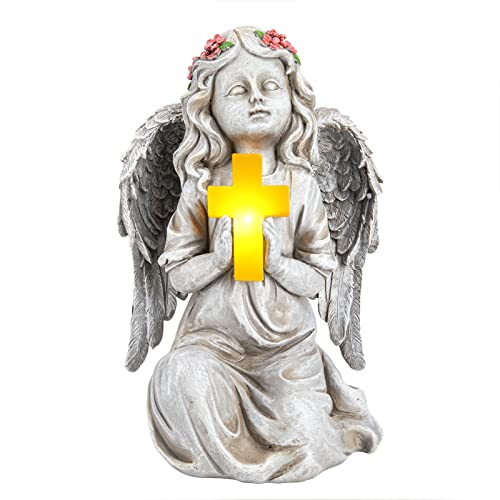 Ovewios Angel Garden Statue Outdoor Decor, Solar Angel Garden Figurine Praying with Cross Waterproof Resin Yard Art Decoration Sculpture for Garden Outside Patio Lawn Ornament Memorial Gifts