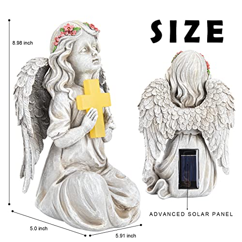 Ovewios Angel Garden Statue Outdoor Decor, Solar Angel Garden Figurine Praying with Cross Waterproof Resin Yard Art Decoration Sculpture for Garden Outside Patio Lawn Ornament Memorial Gifts