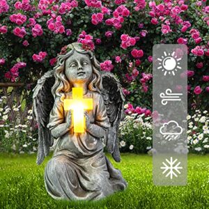 Ovewios Angel Garden Statue Outdoor Decor, Solar Angel Garden Figurine Praying with Cross Waterproof Resin Yard Art Decoration Sculpture for Garden Outside Patio Lawn Ornament Memorial Gifts