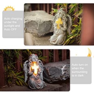 Ovewios Angel Garden Statue Outdoor Decor, Solar Angel Garden Figurine Praying with Cross Waterproof Resin Yard Art Decoration Sculpture for Garden Outside Patio Lawn Ornament Memorial Gifts