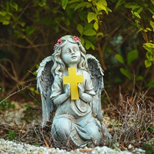 Ovewios Angel Garden Statue Outdoor Decor, Solar Angel Garden Figurine Praying with Cross Waterproof Resin Yard Art Decoration Sculpture for Garden Outside Patio Lawn Ornament Memorial Gifts