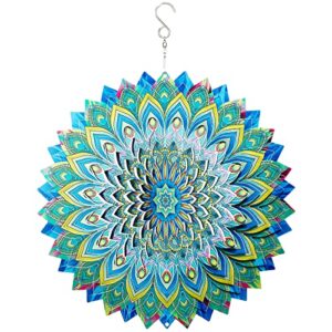 peacock wind spinner,3d kinetic art garden sculptures,sun catcher outdoor metal large spinning yard decor,12in green bird feather style spinner hanging ornaments,big craft decorations for patio garden