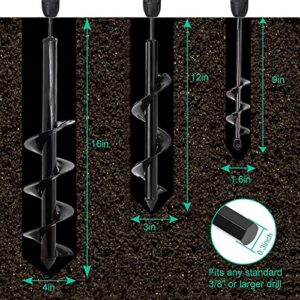 Auger Drill Bit Set for Planting - Garden Spiral Hole Drill Planter, Bulb & Bedding Plant Augers, Post or Umbrella Hole Digger for 3/8” Hex Drive Drill