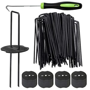 bakulyor 50pcs black landscape staples + 50pcs buffer washer, 6 inch 11 gauge garden stakes staples, u shaped galvanized lawn pins heavy duty yard ground pin for weed barrier sod fabric decorations