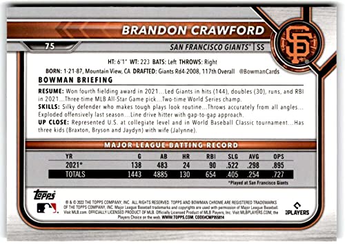 BRANDON CRAWFORD 2022 Bowman Chrome #75 NM+-MT+ MLB Baseball Giants