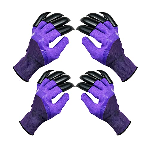 DCCPAA Garden Gloves with Claws 2 Pairs（Two Hands with Claws for Digging, Planting, Weeding, Seeding-Waterproof, Best Gardening Gifts for Men and Women-Purple