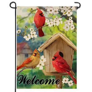 artofy welcome summer cardinal red birds home decorative garden flag, birdhouse yard outside decor, spring farmhouse outdoor small burlap double sided 12×18