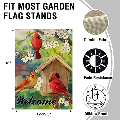 Artofy Welcome Summer Cardinal Red Birds Home Decorative Garden Flag, Birdhouse Yard Outside Decor, Spring Farmhouse Outdoor Small Burlap Double Sided 12x18