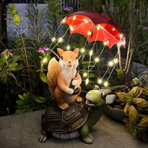 binfenny solar garden statues outdoor decor – squirrel standing on turtle holding umbrella with string lights outdoor waterproof anamial ornaments for patio lawn yard decoration housewarming gift