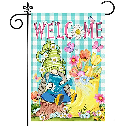 Spring Garden Flag, Spring Flags 12x18 Double Sided, Burlap Hello Spring Yard Flag with Gnomes Boots Blossoms Butterfly Welcome Seasonal Vertical Summer Signs for Outdoor Outside Lawn Decorations