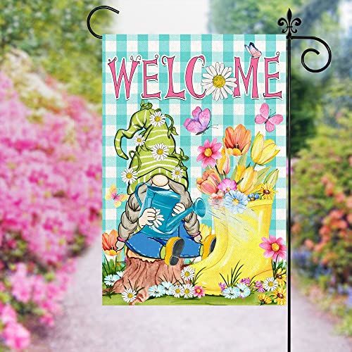 Spring Garden Flag, Spring Flags 12x18 Double Sided, Burlap Hello Spring Yard Flag with Gnomes Boots Blossoms Butterfly Welcome Seasonal Vertical Summer Signs for Outdoor Outside Lawn Decorations