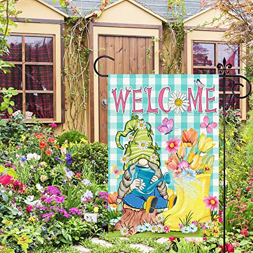 Spring Garden Flag, Spring Flags 12x18 Double Sided, Burlap Hello Spring Yard Flag with Gnomes Boots Blossoms Butterfly Welcome Seasonal Vertical Summer Signs for Outdoor Outside Lawn Decorations