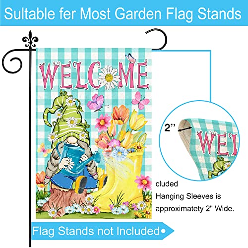 Spring Garden Flag, Spring Flags 12x18 Double Sided, Burlap Hello Spring Yard Flag with Gnomes Boots Blossoms Butterfly Welcome Seasonal Vertical Summer Signs for Outdoor Outside Lawn Decorations