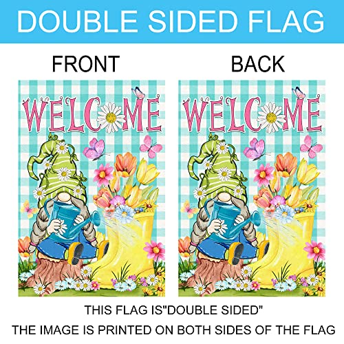 Spring Garden Flag, Spring Flags 12x18 Double Sided, Burlap Hello Spring Yard Flag with Gnomes Boots Blossoms Butterfly Welcome Seasonal Vertical Summer Signs for Outdoor Outside Lawn Decorations