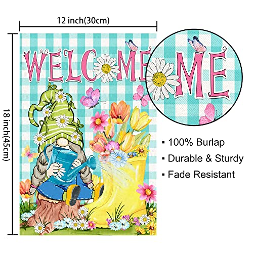 Spring Garden Flag, Spring Flags 12x18 Double Sided, Burlap Hello Spring Yard Flag with Gnomes Boots Blossoms Butterfly Welcome Seasonal Vertical Summer Signs for Outdoor Outside Lawn Decorations