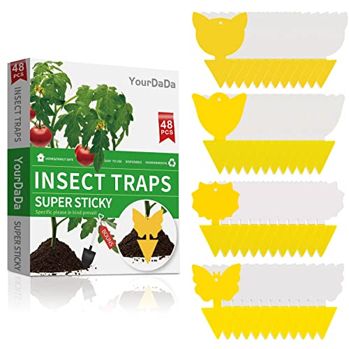 48 Pcs 4 Shapes Yellow Sticky Traps for Fruit Fly, Whitefly, Fungus Gnat, Mosquito and Fly, Sticky Insect Catcher Traps for Indoor/Houseplants/Kitchen, Extremely Sticky, Non-Toxic, Pet & Kid Safe