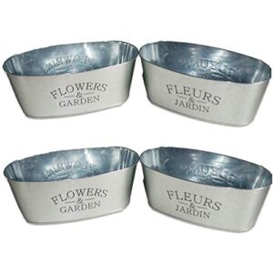 4 pack – oval galvanized”flowers & garden” metal planter pots – perfect for parties, weddings & decorations