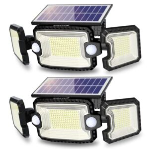 sidsys solar outdoor lights, ip65 waterproof floodlights, 3 lighting heads 7300lm 305 led adjustable security spotlight with 2 motion sensors for garden yard garage patio pathway 2 pack