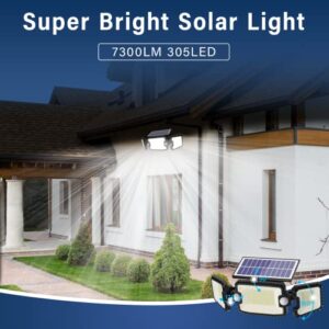 SIDSYS Solar Outdoor Lights, IP65 Waterproof Floodlights, 3 Lighting Heads 7300LM 305 LED Adjustable Security Spotlight with 2 Motion Sensors for Garden Yard Garage Patio Pathway 2 Pack