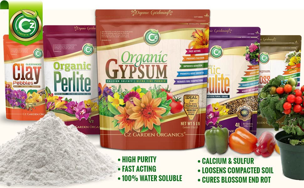 Organic Gypsum - Made in USA - Calcium Sulfate Dihydrate Powder - Garden Soil Amendment Fertilizer for Lawns, Plants, Mushroom Cultivation. Calcium & Sulfur Additive. Cures Blossom End Rot in Tomatoes