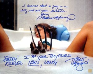 robert englund “freddy krueger” & heather langenkamp “nancy” signed bathtub 16×20 photo “i’m your boyfriend now nancy” & “i dreamed about a guy in a green and red sweater” inscription