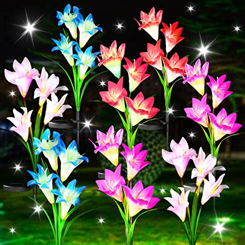 8 Pack Solar Garden Flower Lights Outdoor Waterproof with 32 Lily Flowers 7 Multi Color Changing Led Solar Power Lights Decorative for Yard Lawn Patio Landscape Walkway Pathway Decorations Outside