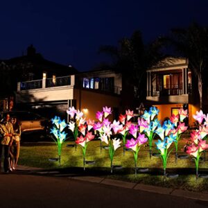 8 Pack Solar Garden Flower Lights Outdoor Waterproof with 32 Lily Flowers 7 Multi Color Changing Led Solar Power Lights Decorative for Yard Lawn Patio Landscape Walkway Pathway Decorations Outside