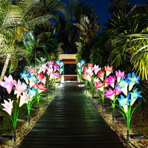 8 Pack Solar Garden Flower Lights Outdoor Waterproof with 32 Lily Flowers 7 Multi Color Changing Led Solar Power Lights Decorative for Yard Lawn Patio Landscape Walkway Pathway Decorations Outside