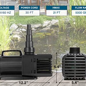 Homewell 5000 Gallons per Hour Electric Water Pump with 2 Nozzles Ultra Quiet Submersible Pump for Fountains, Waterfalls, Water Circulation, Koi Ponds Pump, Water Gardens (5000 GPH)