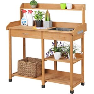 yaheetech potting bench outdoor garden work bench station planting solid wood construction w/sink drawer rack shelves natural wood